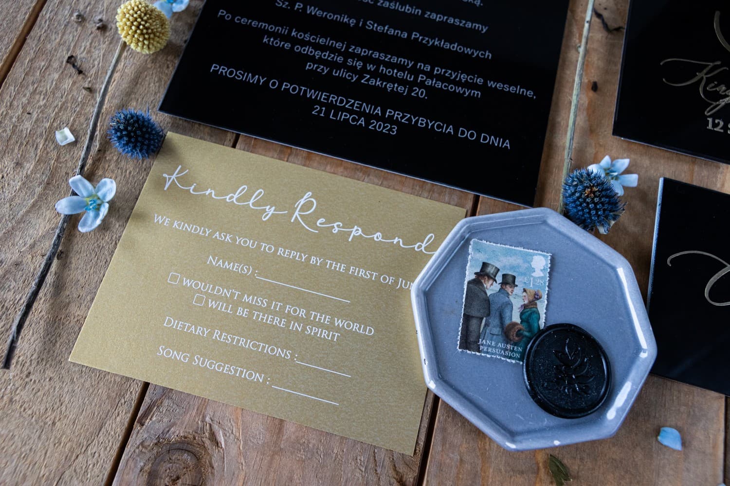 Zaproszenia ślubne na szkle czarne ze złoceniem w stylu glamour Dalia nr 1 - 3