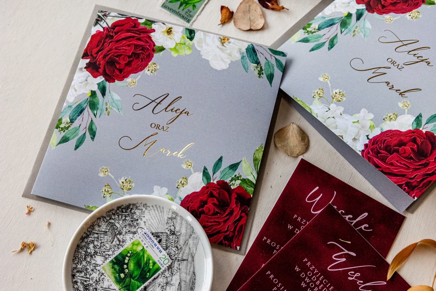 Zaproszenia Ślubne Glamour z Czerwoną Różą – Szafirowe nr 10 - 3