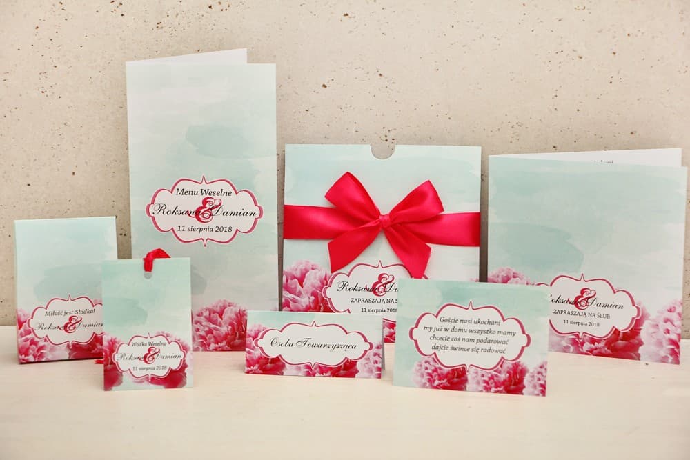 Zaproszenia ślubne kwadratowe w etui miętowo-złote z kwiatami amarantu – Felicja nr 15 - 3