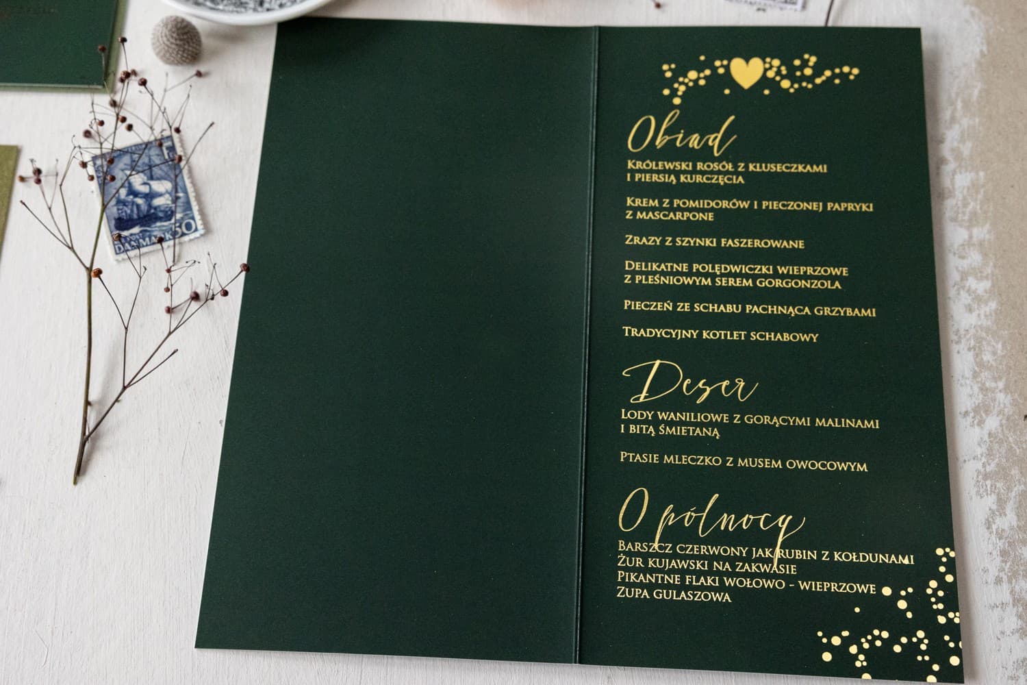 Złocone menu weselne butelkowa zieleń z gwiazdkami | Elegancka karta dań glamour | Simple nr 2 - 2