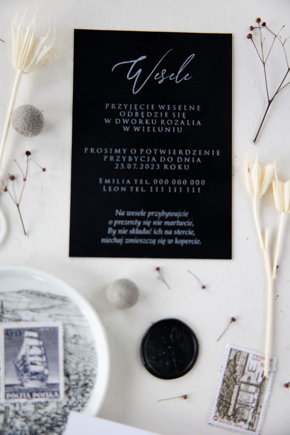 Eleganckie Welurowe Bileciki z Podziękowaniem | Czarne Podziękowania dla Gości Glamour | Magnolia nr 1