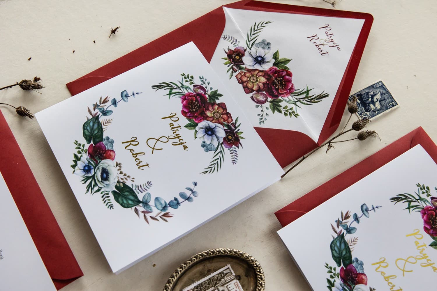 Zaproszenia Ślubne Cykade nr 7 – Bordowe Anemony ze Złoceniem - 2