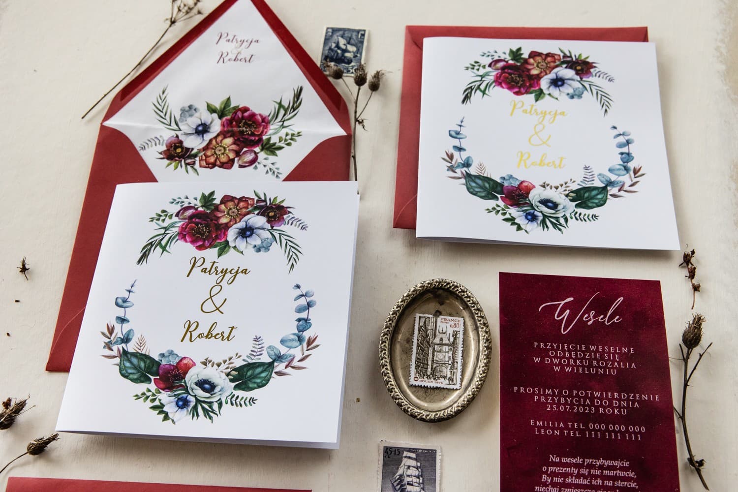 Zaproszenia Ślubne Cykade nr 7 – Bordowe Anemony ze Złoceniem - 3