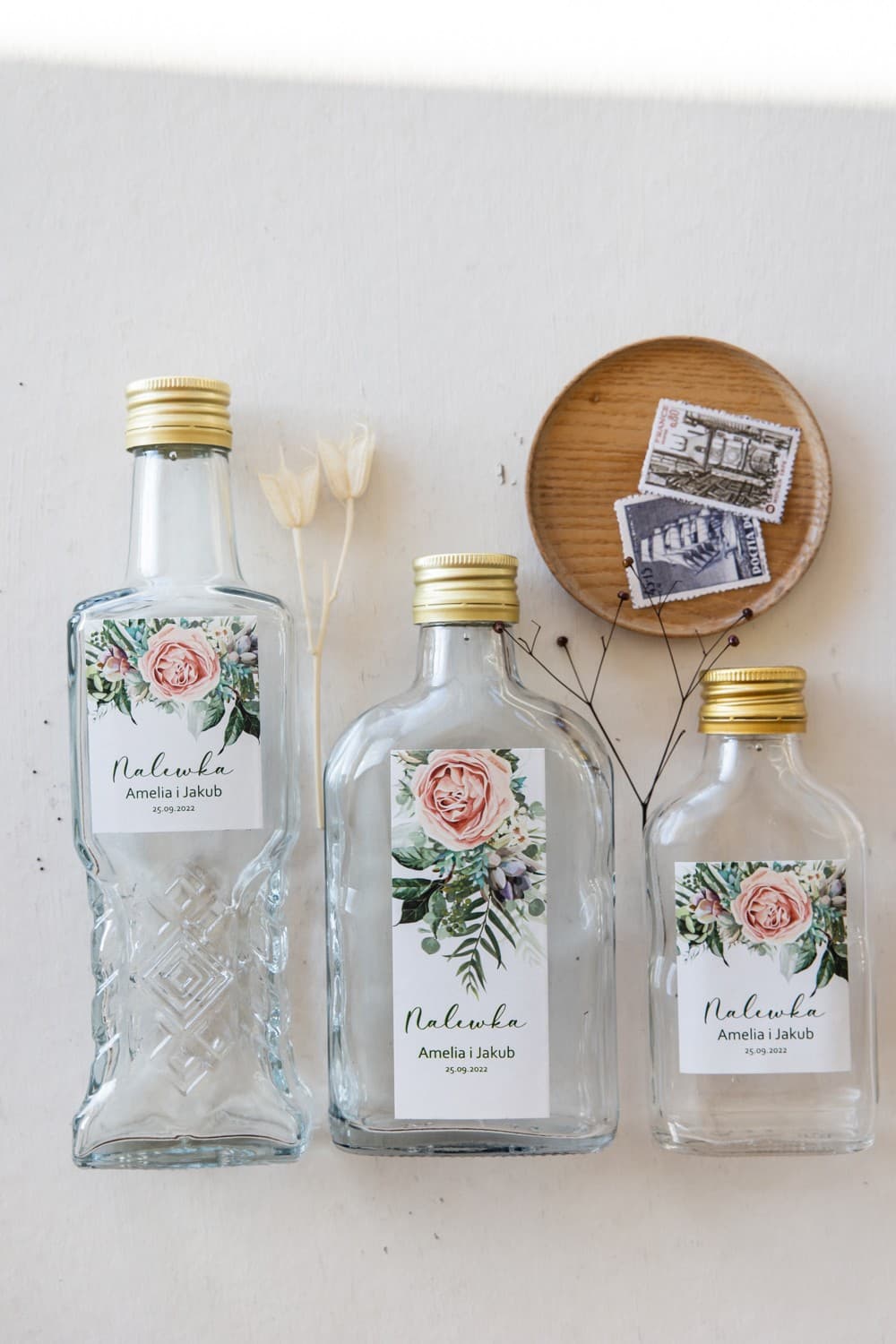 Buteleczki na Nalewki z Piwoniami, Personalizowane Etykiety | Podziękowania dla Gości Weselnych | Korani nr 11 - 3