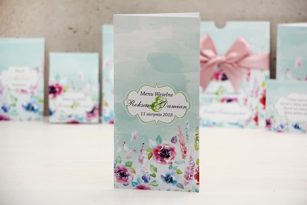 Menu Weselne Stojące z Akwarelowymi Polnymi Kwiatami, Personalizowane | Karta Menu na Stół Weselny Rustykalne | Felicja nr 17