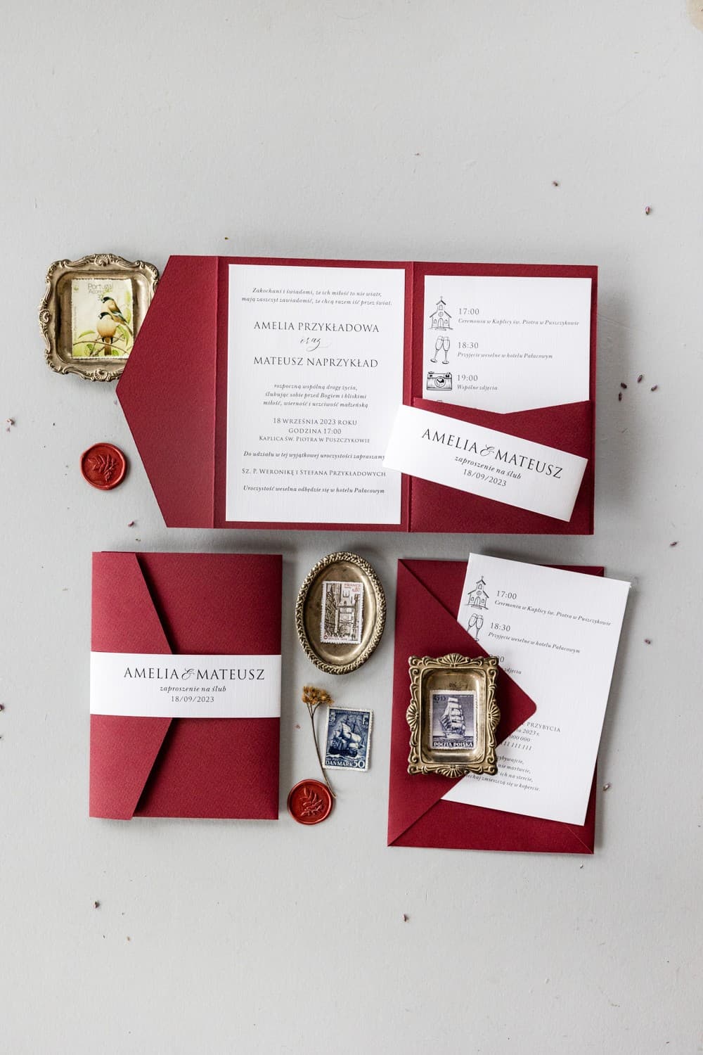 Zaproszenia Ślubne Kraft nr 6 – Bordowe z Kieszonką - 3