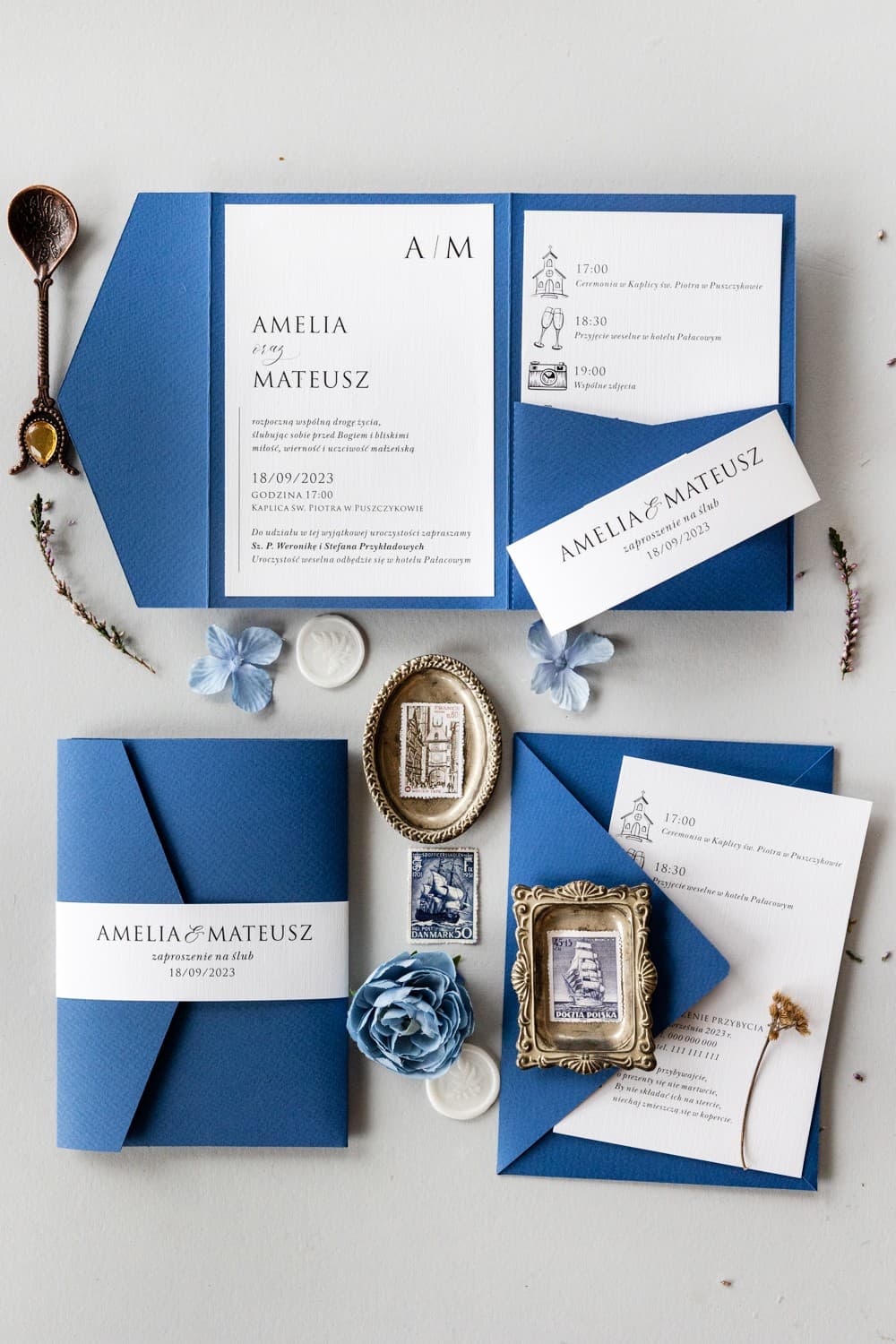 Zaproszenia Ślubne Kraft nr 7 – Niebieskie Kwiaty i Kieszonka - 3