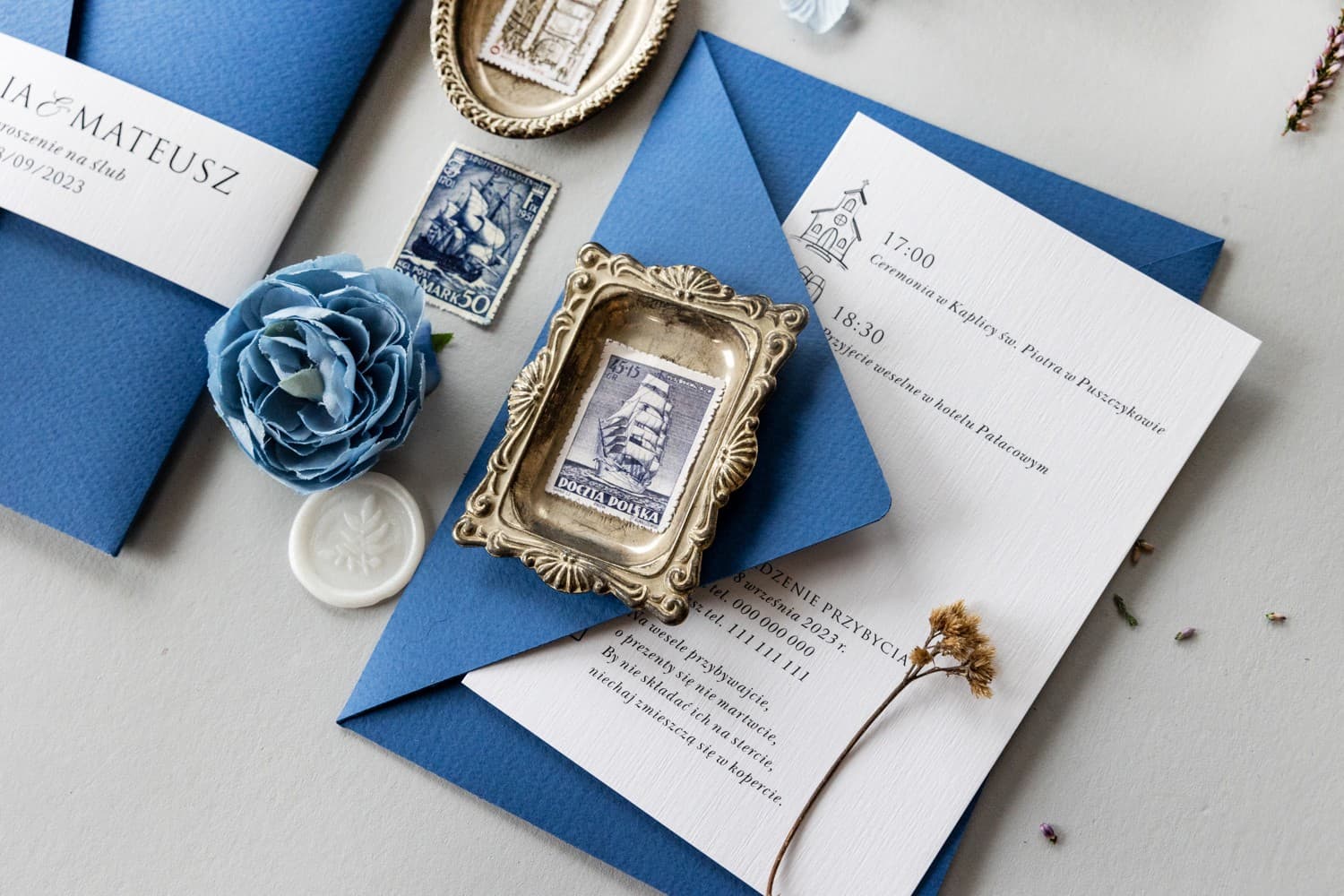 Zaproszenia Ślubne Kraft nr 7 – Niebieskie Kwiaty i Kieszonka - 6