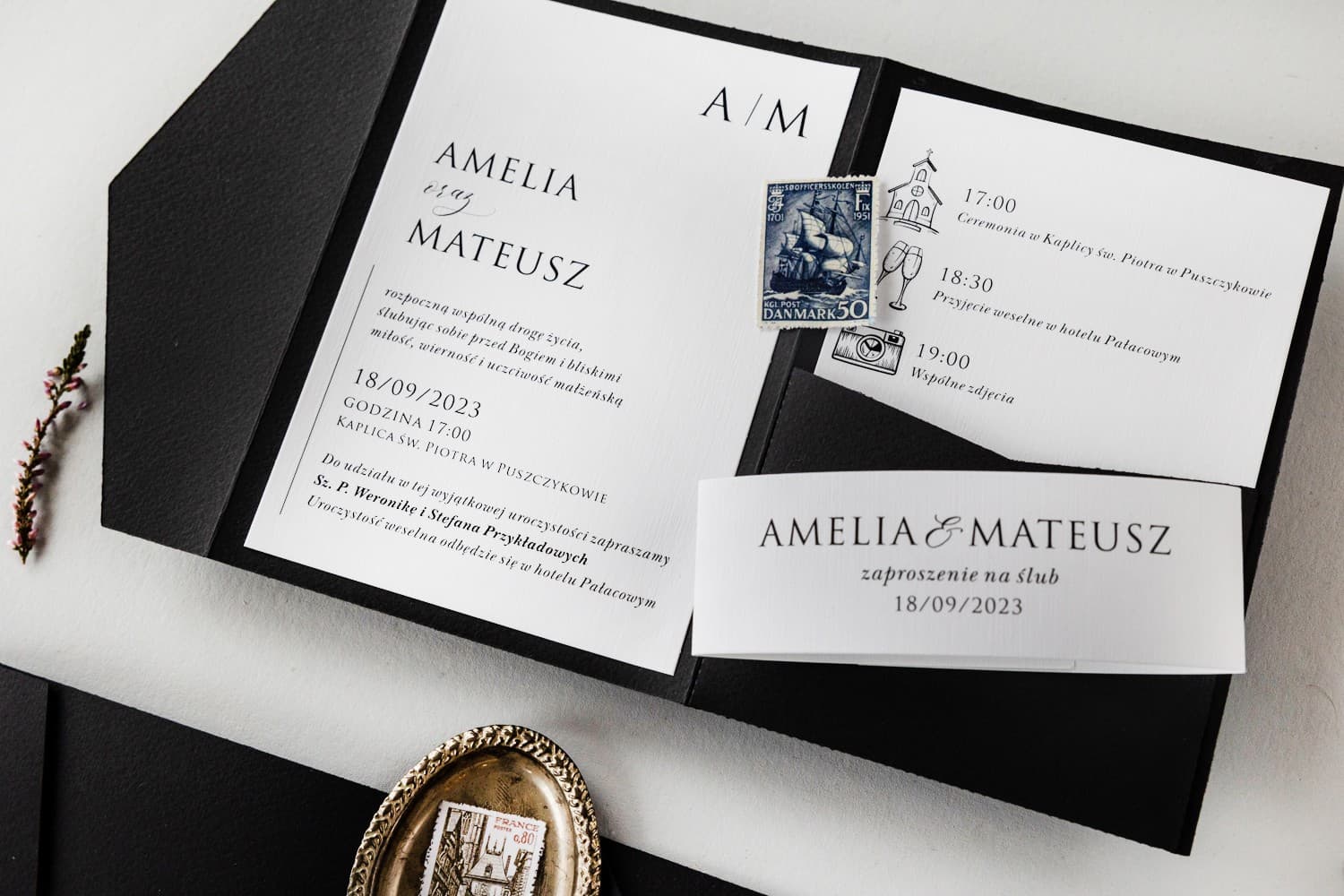 Zaproszenia Ślubne Kraft nr 8 – Czarne z Kieszonką i Owijką - 5