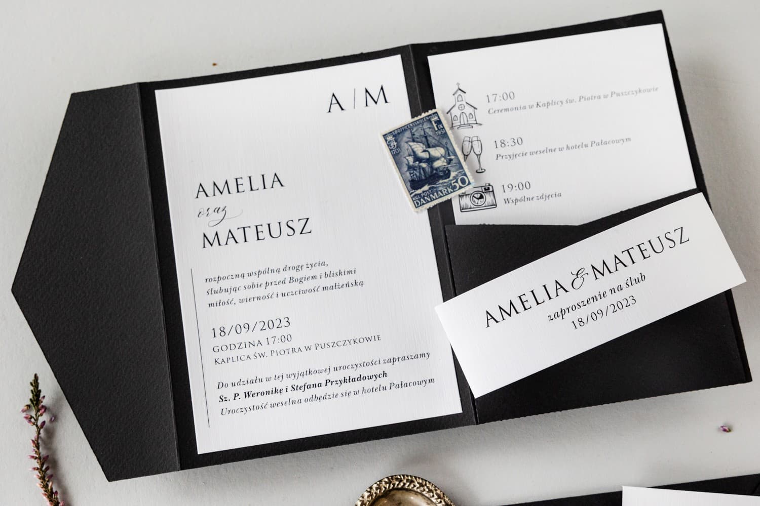 Zaproszenia Ślubne Kraft nr 8 – Czarne z Kieszonką i Owijką - 6