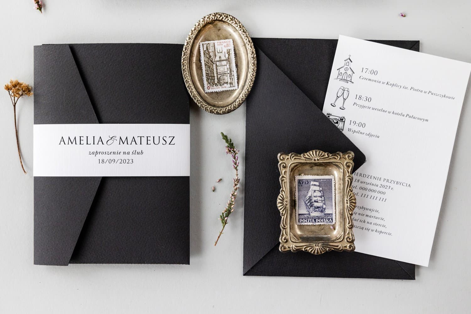 Zaproszenia Ślubne Kraft nr 8 – Czarne z Kieszonką i Owijką - 8