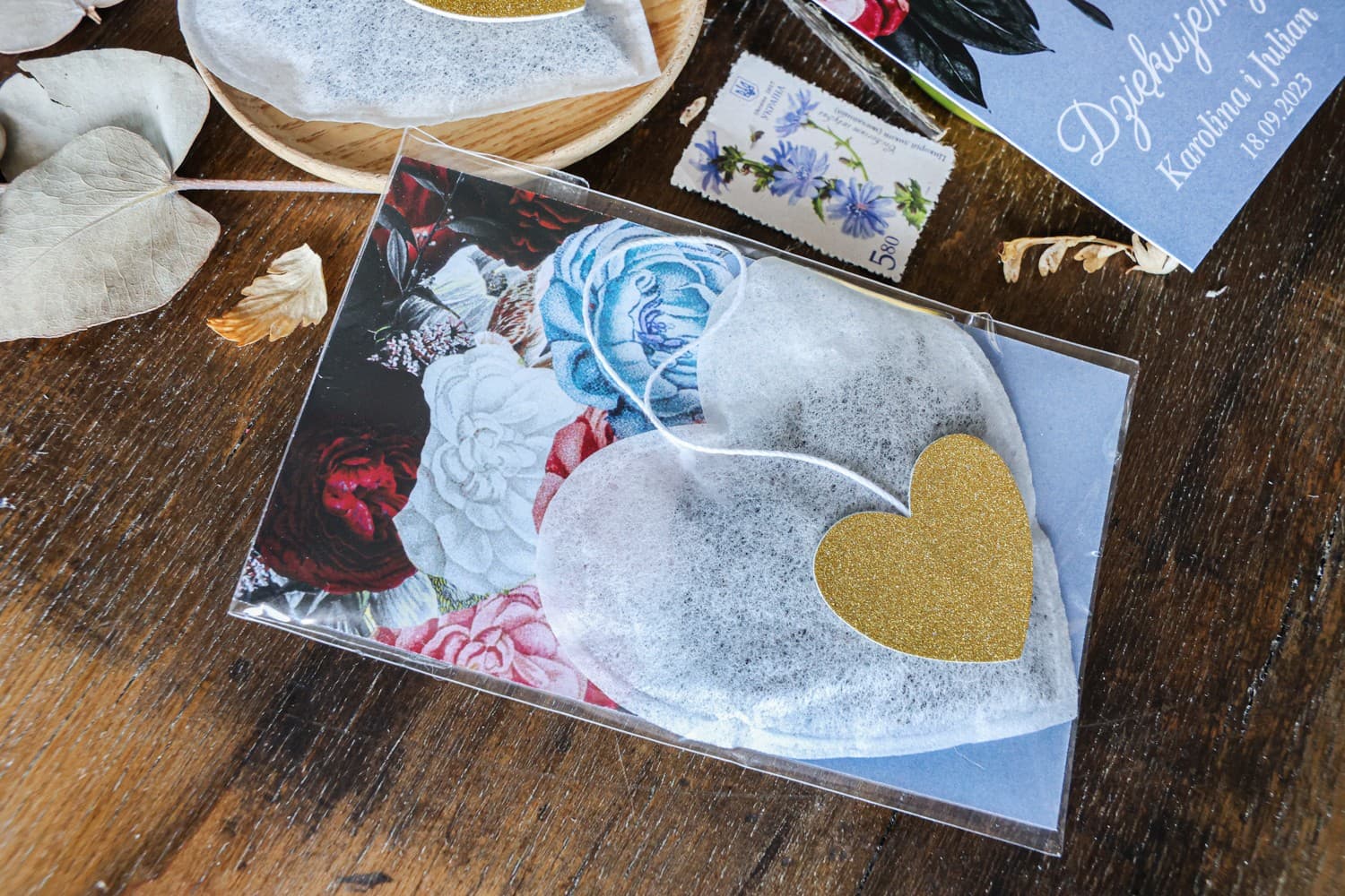 Podziękowania dla Gości Herbata Serce z Piwoniami Dusty Blue | Personalizowane Upominki Weselne | Eteryczne nr 4 - 2