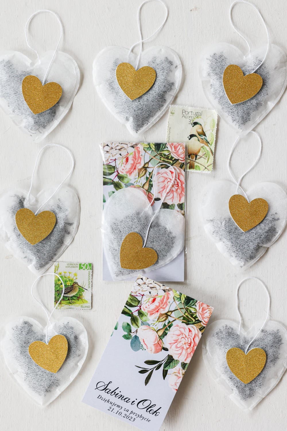 Personalizowana herbata serce, pudrowe róże | Podziękowania dla gości weselnych, upominki | Szafirowe nr 2