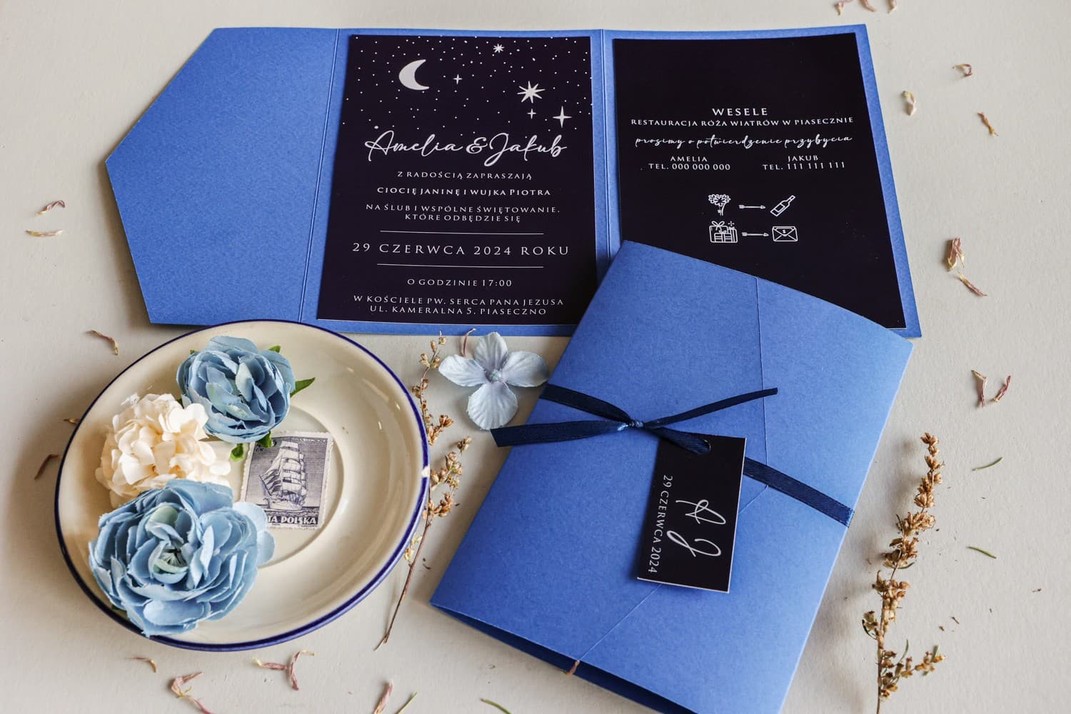 Zaproszenia Ślubne Avril nr 6 – Niebieskie z Czarną Satyną - 3