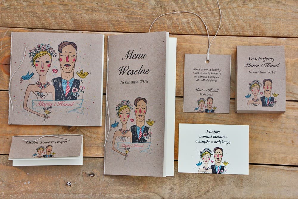 Zaproszenia ślubne rustykalne z rysunkiem pary młodej na eko papierze – Presto nr 1 - 2