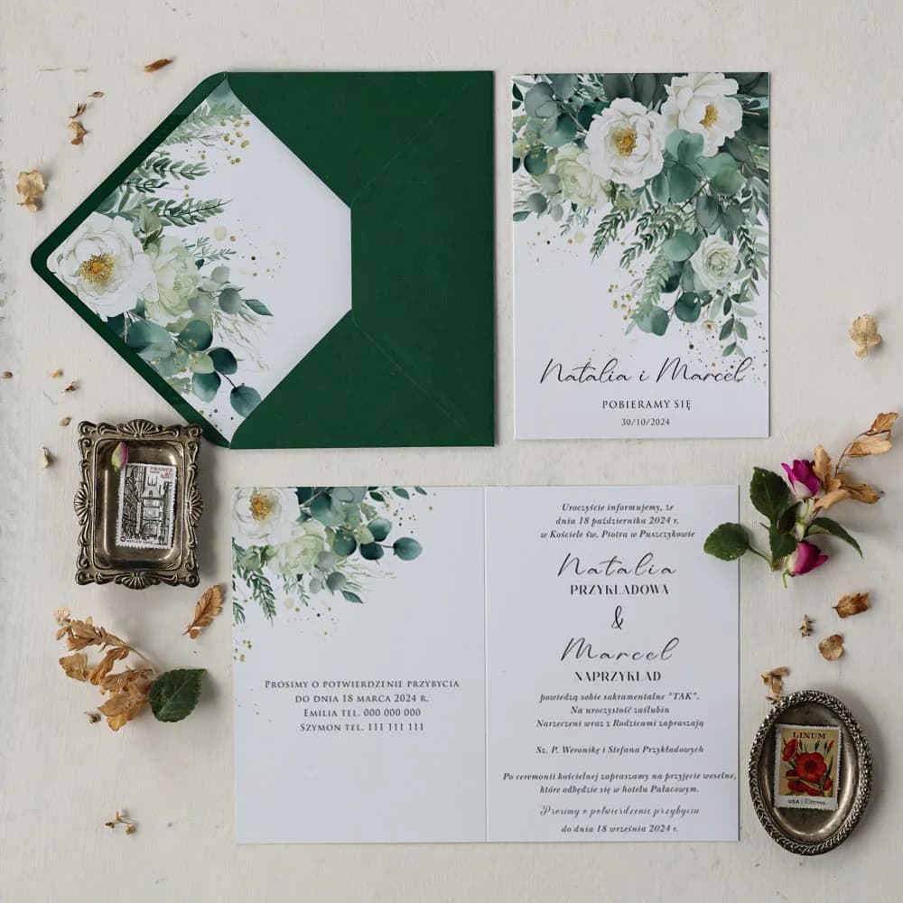 Próbka zaproszenia z eukaliptusem i kwiatami – Impresja nr 9