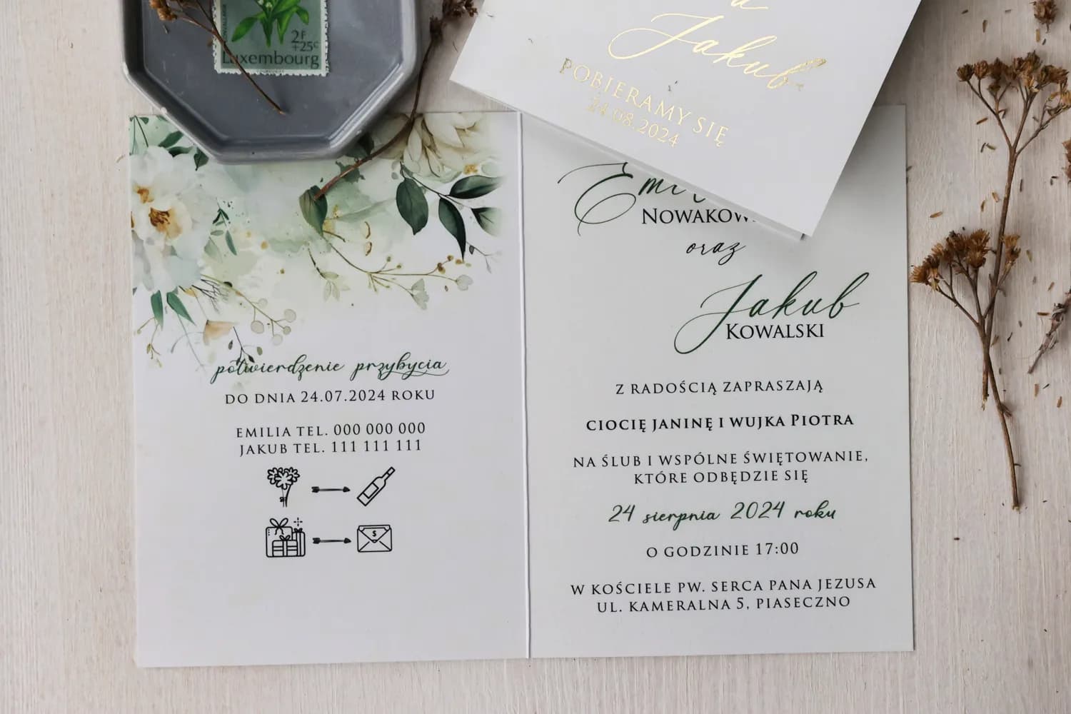 Zaproszenia ślubne botaniczne z akwarelowym ruskusem i złoceniem – Ruskus nr 6 - 2