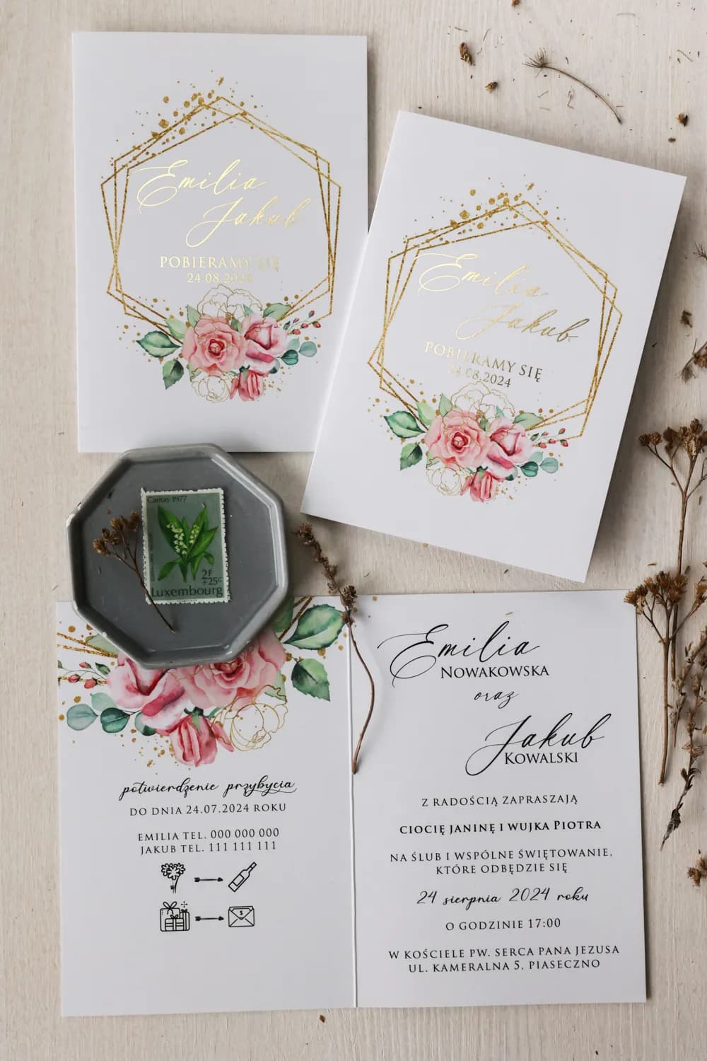 Zaproszenia ślubne glamour złocone z heksagonem i akwarelowymi różami Ruskus nr 7