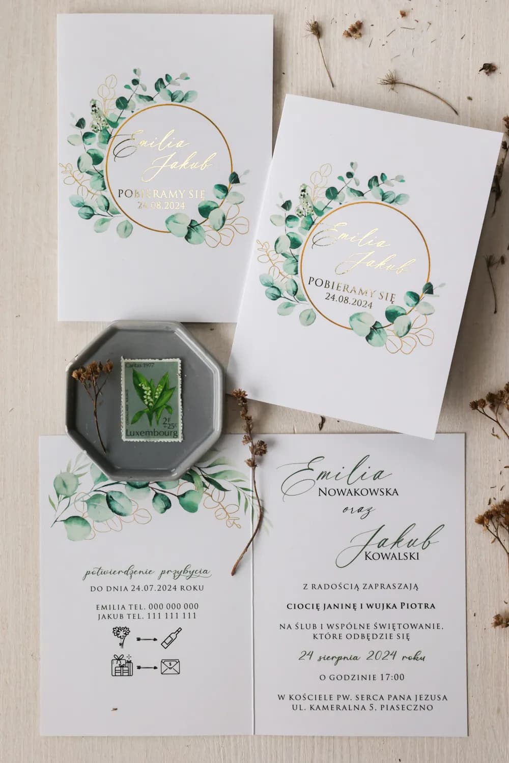 Zaproszenia ślubne z eukaliptusem i złoceniem w stylu glamour – Ruskus nr 8