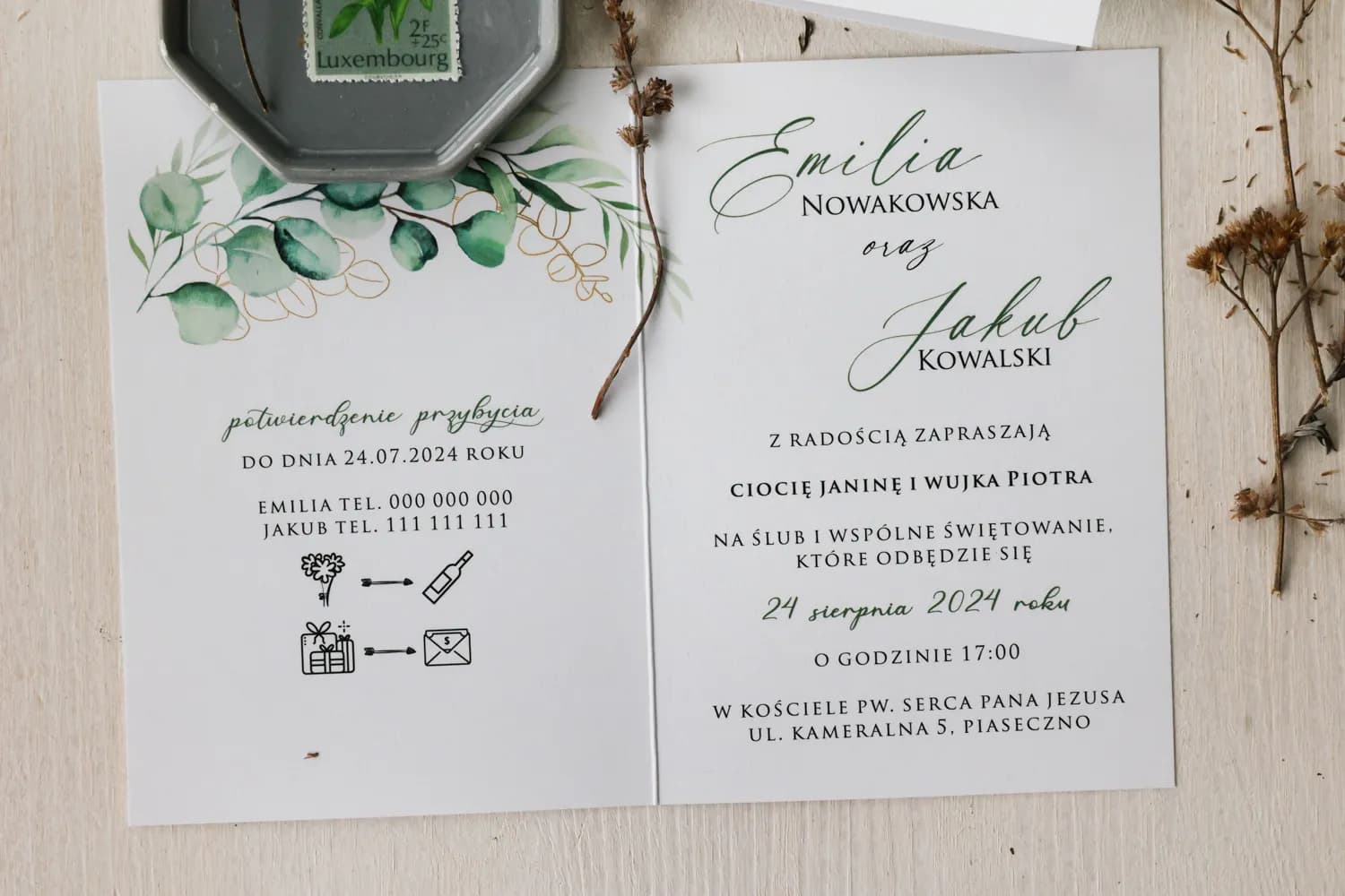 Zaproszenia ślubne z eukaliptusem i złoceniem w stylu glamour – Ruskus nr 8 - 2