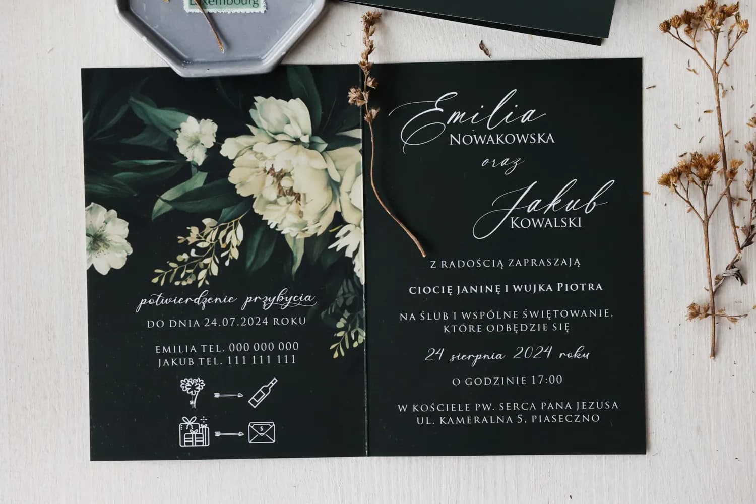 Zaproszenia ślubne botaniczne butelkowa zieleń z eleganckim złoceniem Ruskus nr 9 - 3