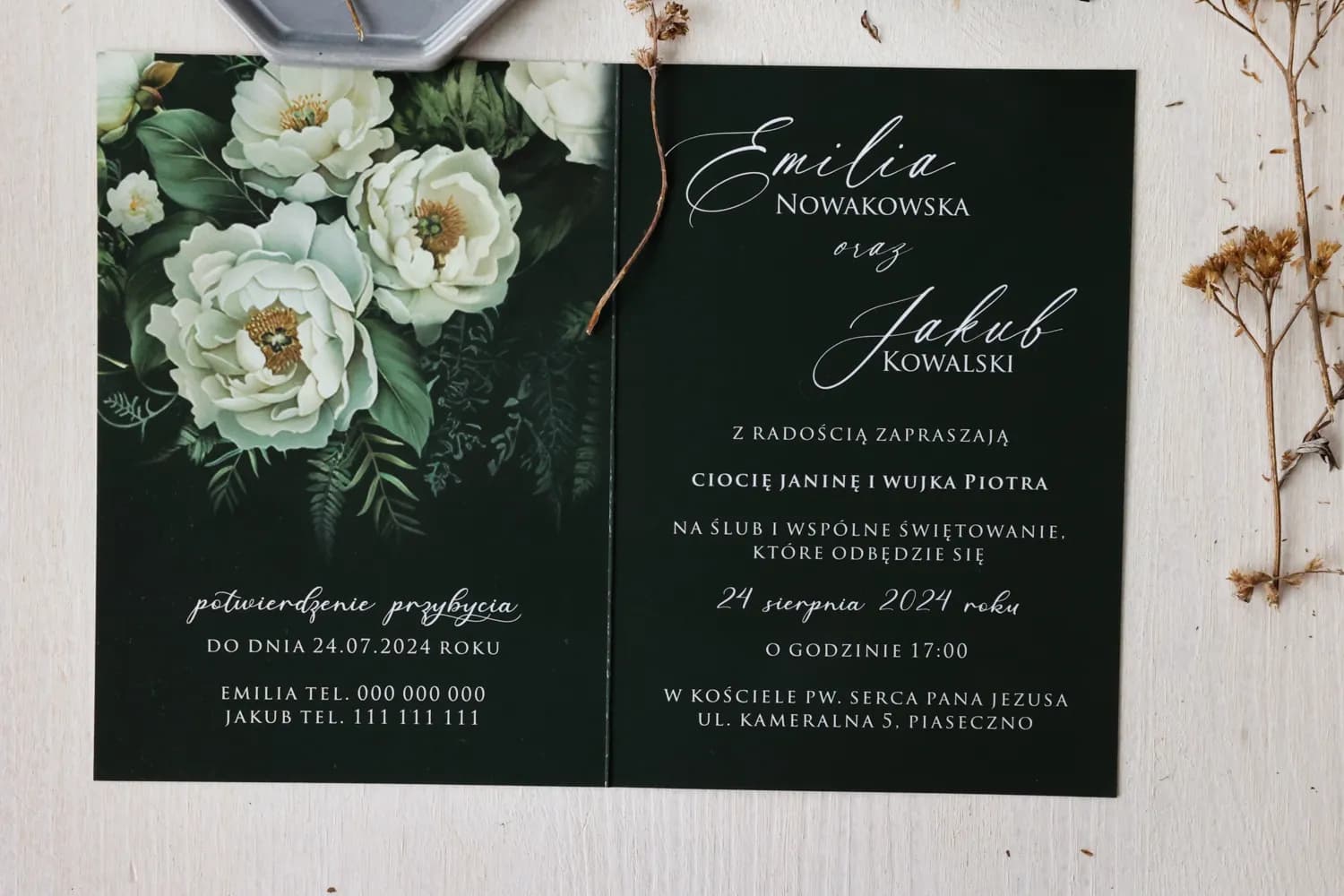 Zaproszenia ślubne w kolorze butelkowej zieleni ze złoceniem i ruskusem – Ruskus nr 10 - 2