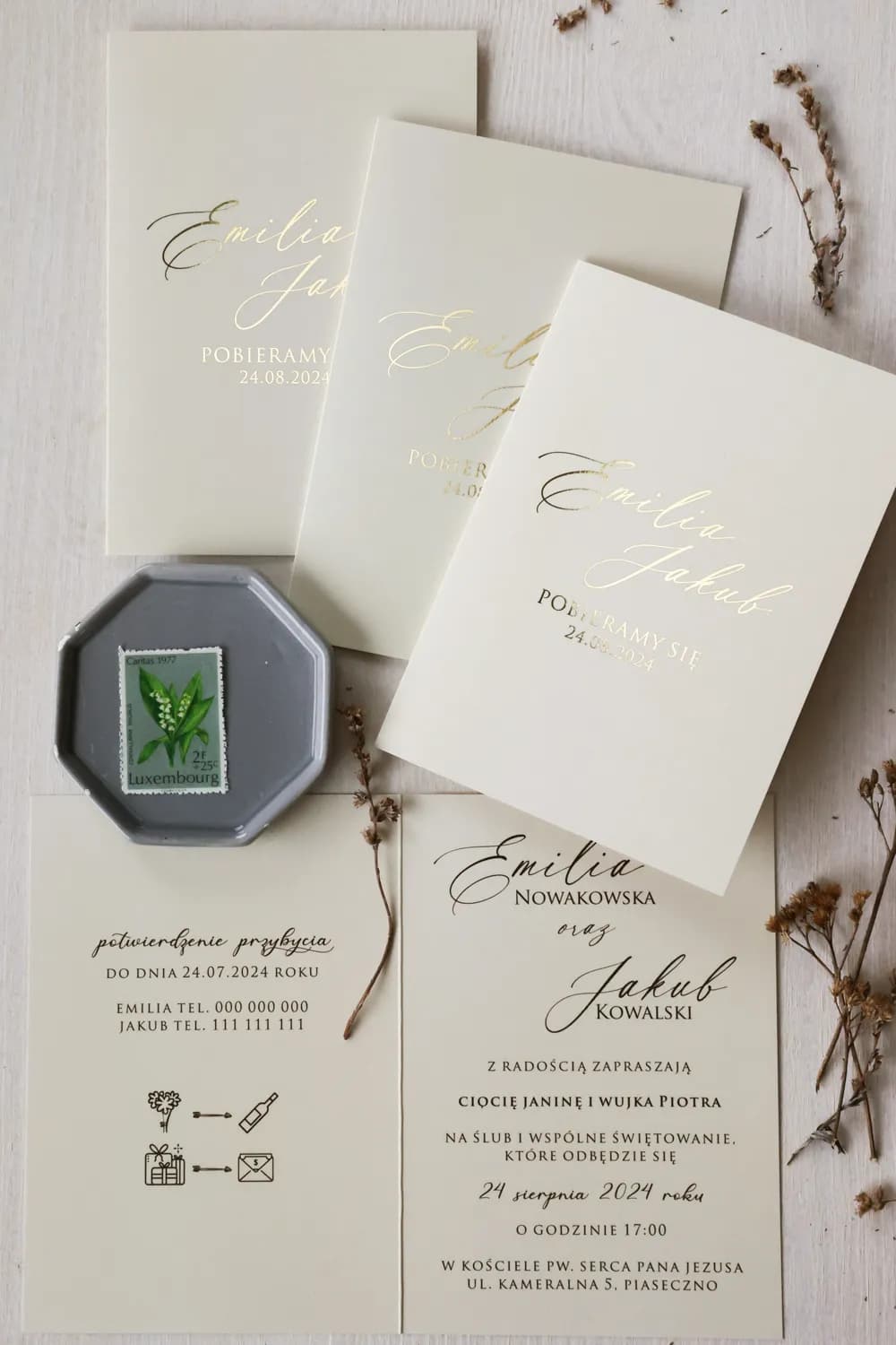 Zaproszenia ślubne glamour ze złoconą gałązką i aksamitnym papierem – Ruskus 14