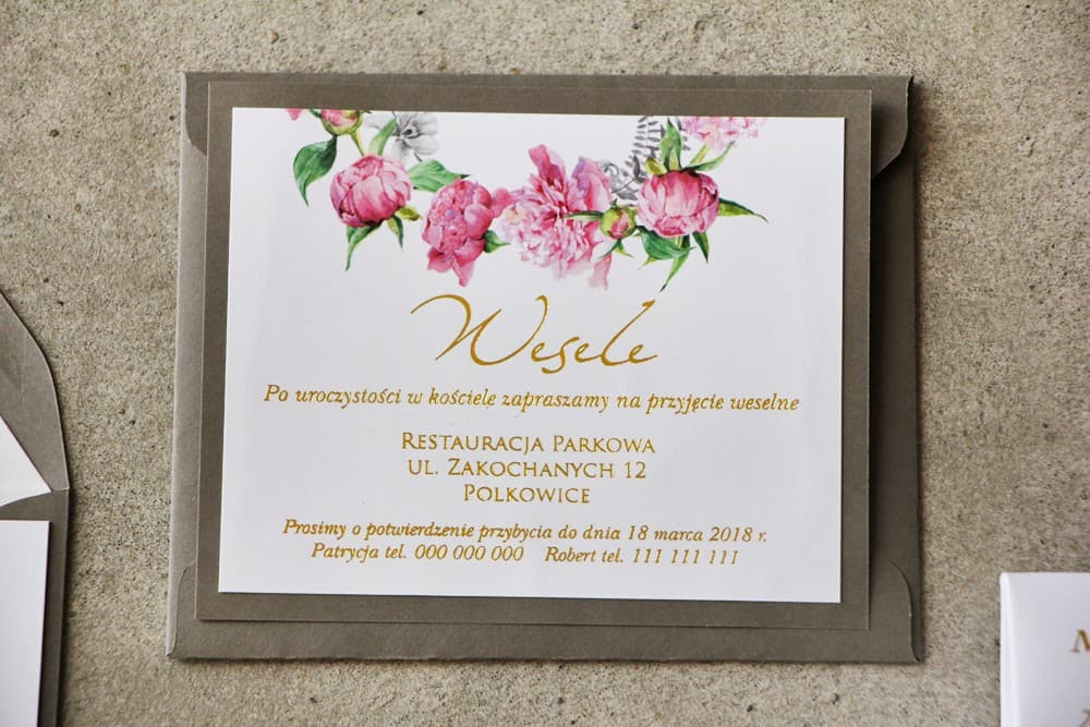 Złocona Wkładka do Zaproszeń Ślubnych Różowe Piwonie | Bilecik "Zamiast Kwiatów" lub RSVP | Cykade nr 10