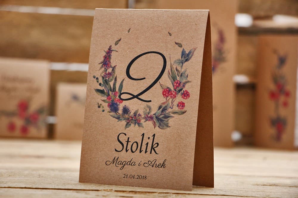 Numerki na Stół Weselny Leśne Owoce Jeżyny, Składane A6 | Numery na Stoły Weselne w Stylu Rustykalnym | Owoce Leśne nr 1