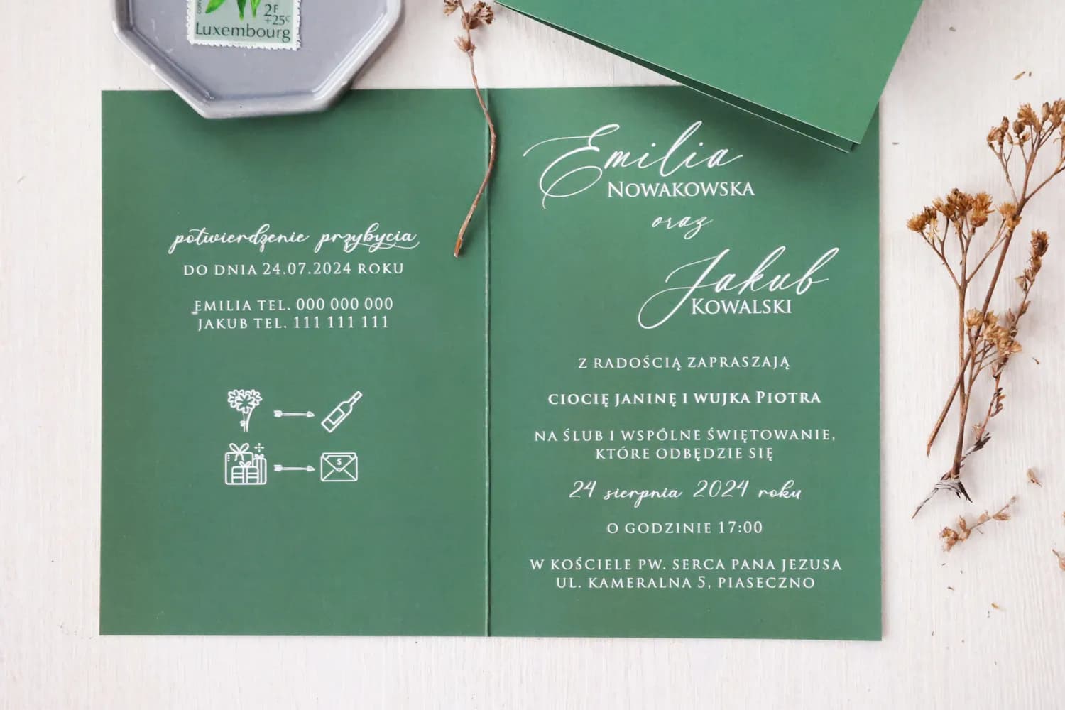 Zaproszenia ślubne butelkowa zieleń ze złoconymi liśćmi w stylu glamour – Ruskus nr 16 - 2