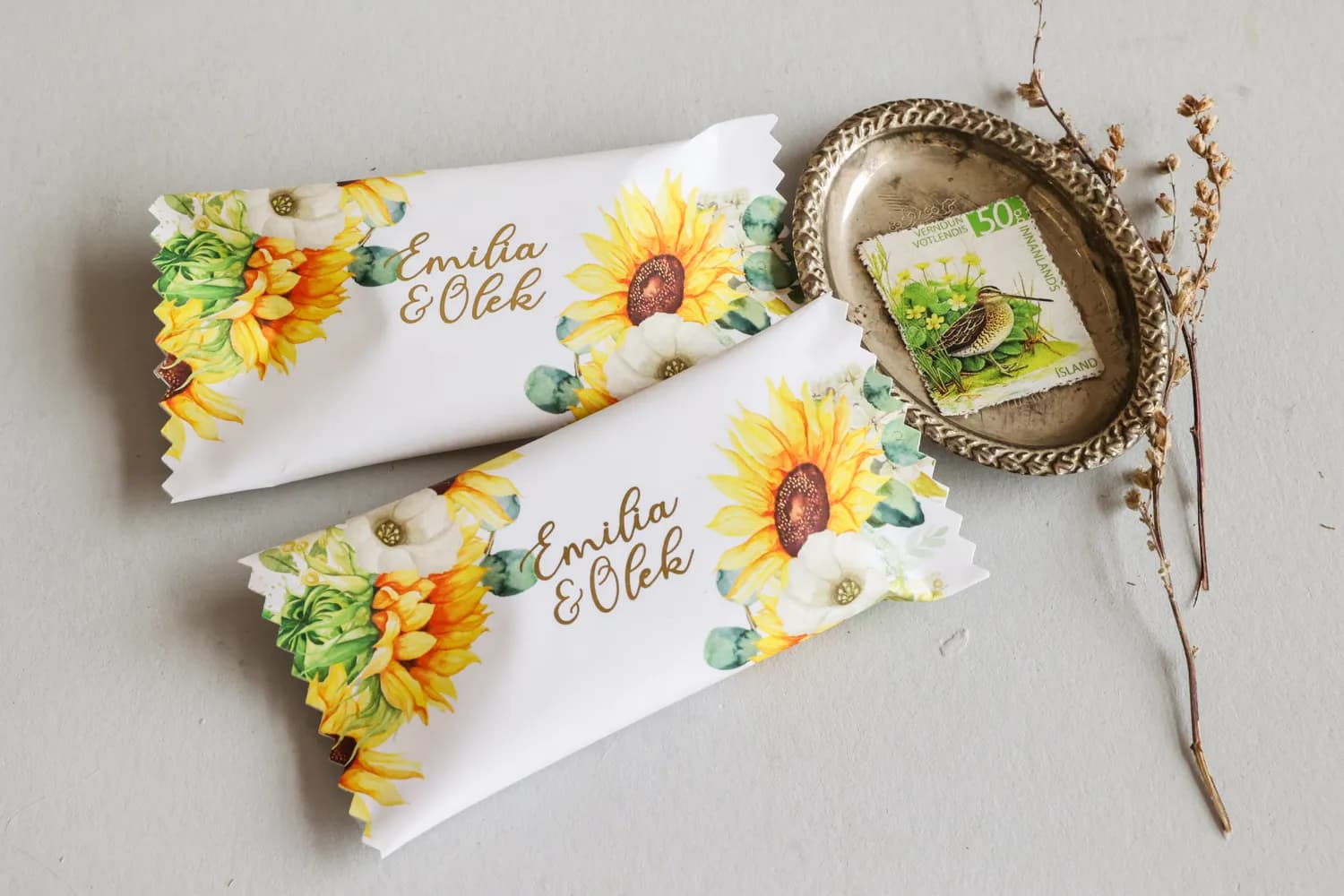 Podziękowania dla gości w formie złoconych czekoladek ze słonecznikami Rubin nr 7 - 2