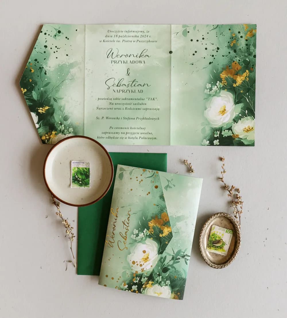 Próbka Zaproszenia Jadeit nr 2 – Pastelowe Kwiaty i Złocenie
