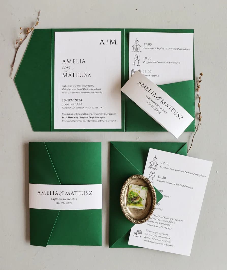 Zaproszenia Ślubne Kraft nr 10 – Butelkowa Zieleń z Kieszonką