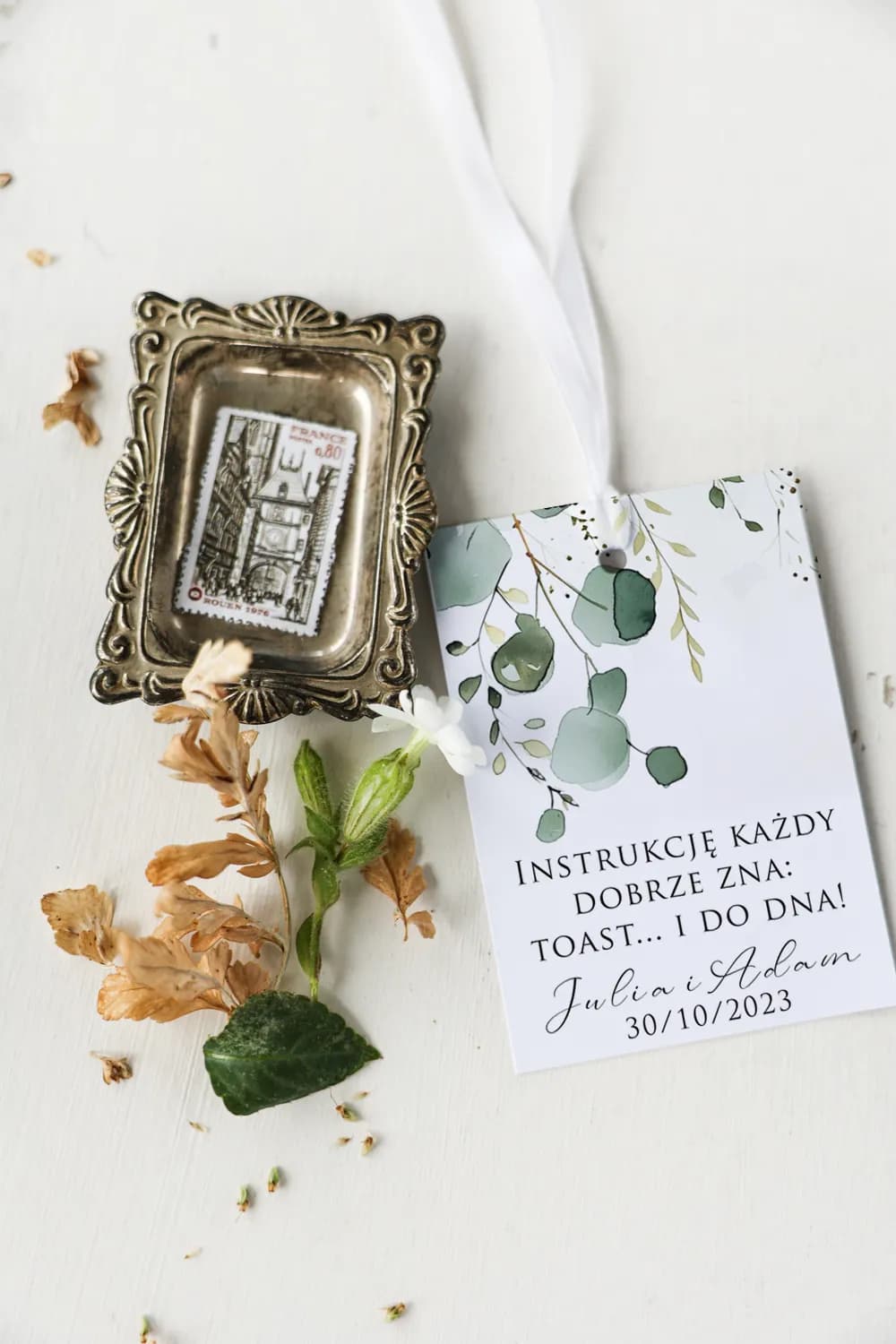 Eleganckie Zawieszki na Wódkę z Eukaliptusem, Motyw Roślinny | Zawieszki na Alkohol Weselny | Impresja nr 7