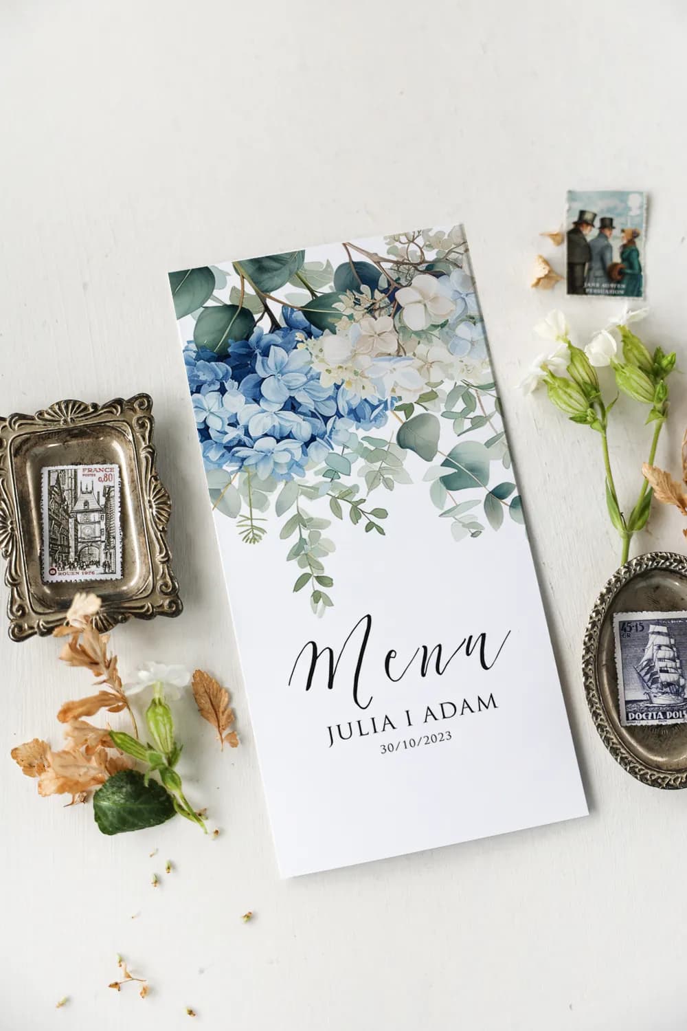Menu Weselne z Hortensjami, Składana Karta Dań | Eleganckie Menu Ślubne Niebieskie Kwiaty | Impresja nr 4