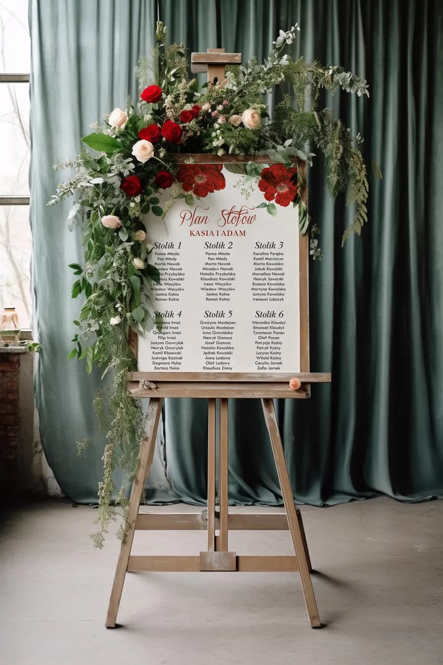 Kwiatowy plan stołów z motywem róż i zieleni | Tablica z rozmieszczeniem gości weselnych | Kraft nr 4