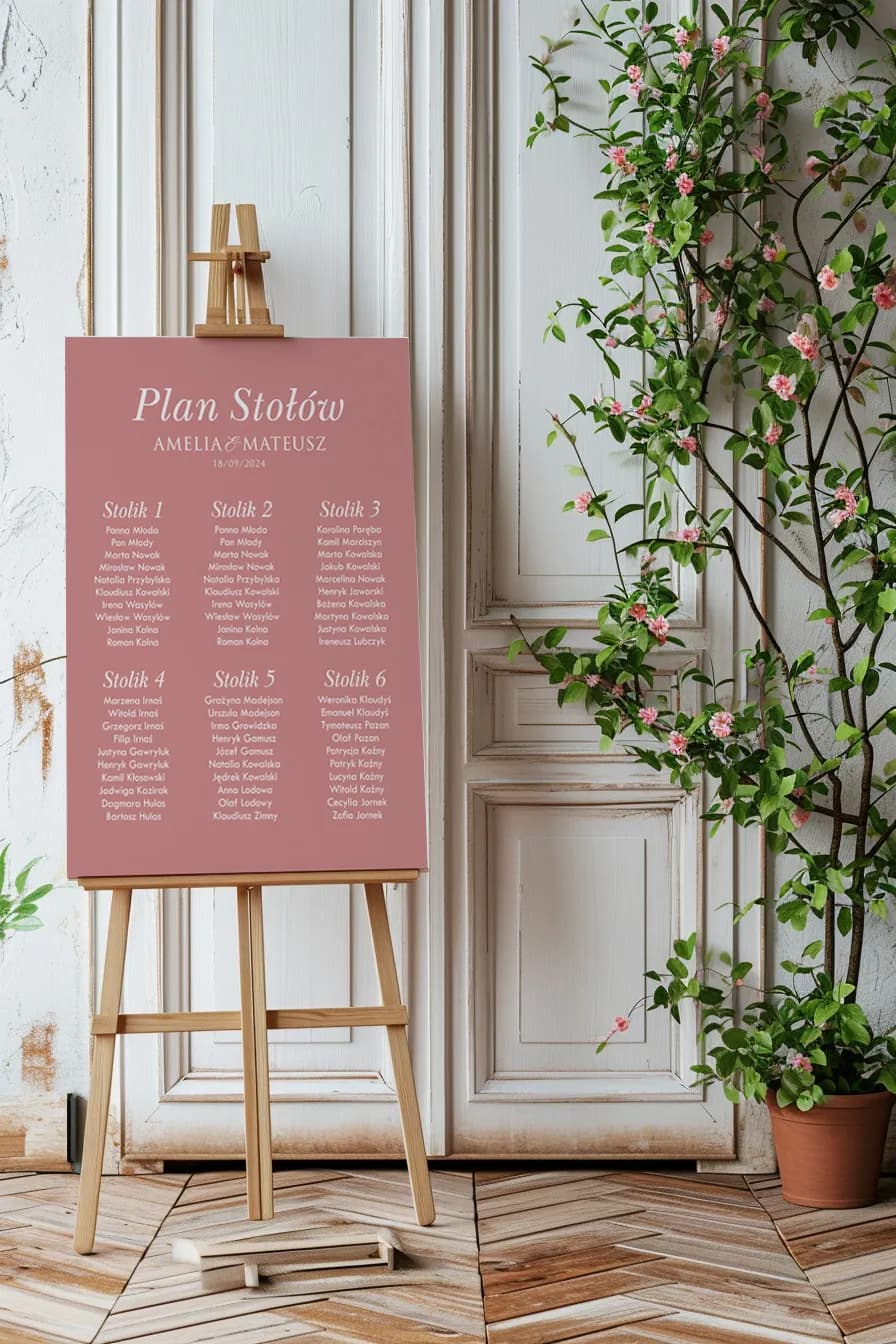 Różowy Plan Stołów Weselnych Nowoczesny Czytelny na Papierze PCV Pleksi | Personalizowana Tablica Gości | Kraft nr 9