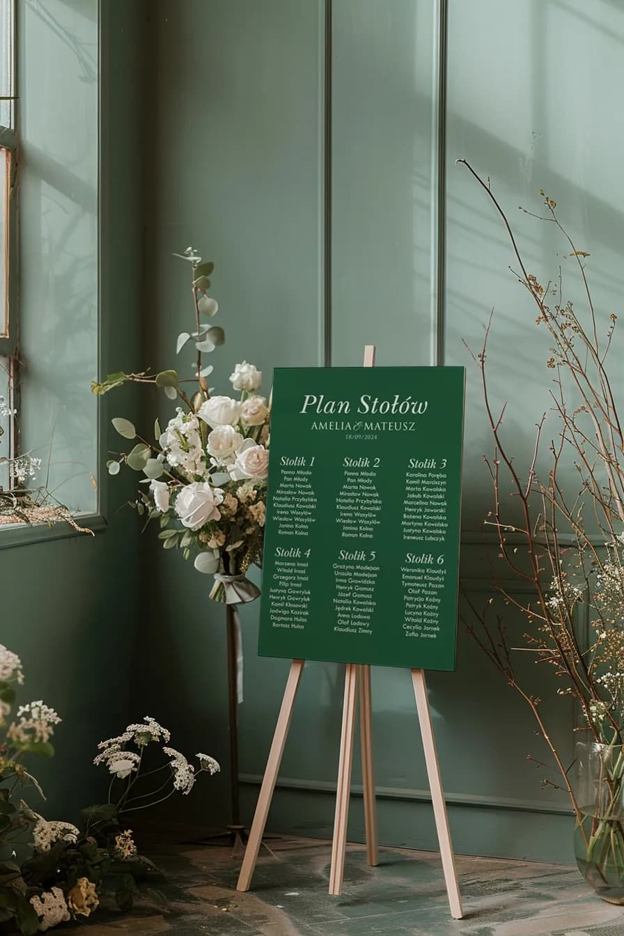 Elegancki plan stołów butelkowa zieleń, minimalistyczny | Tablica z rozmieszczeniem gości weselnych | Kraft nr 10