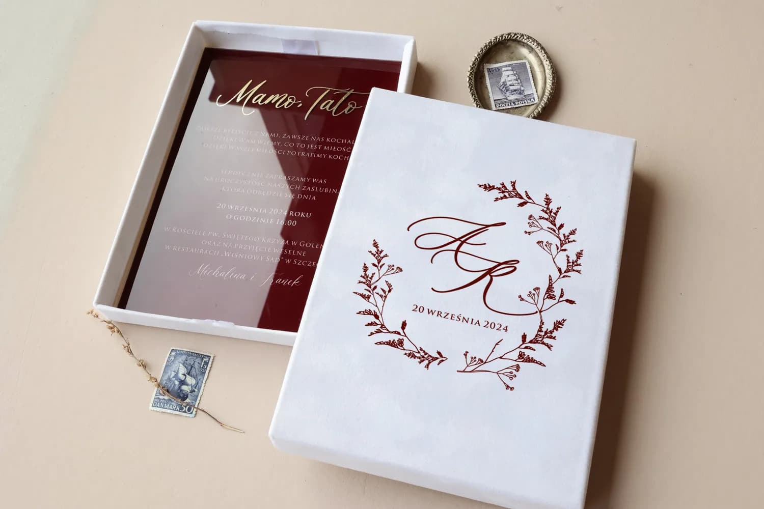 Zaproszenia ślubne dla rodziców na szkle ze złoceniem w welurowym pudełku Dalia nr 6