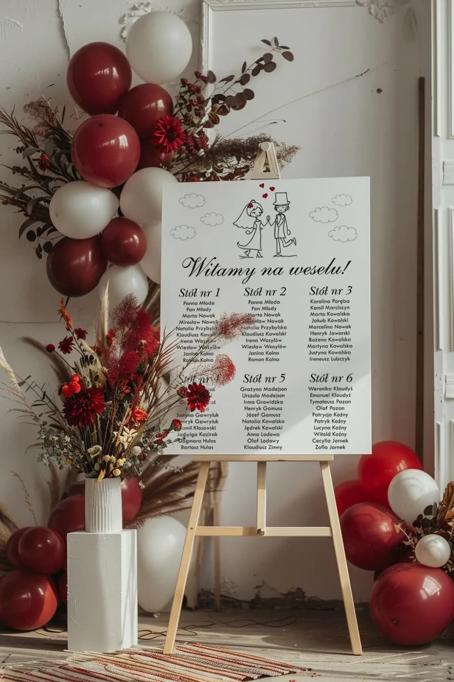 Plan Stołów z Parą Młodą Kreskówka, Personalizowany | Tablica z Rozmieszczeniem Gości Weselnych | Bueno nr 2