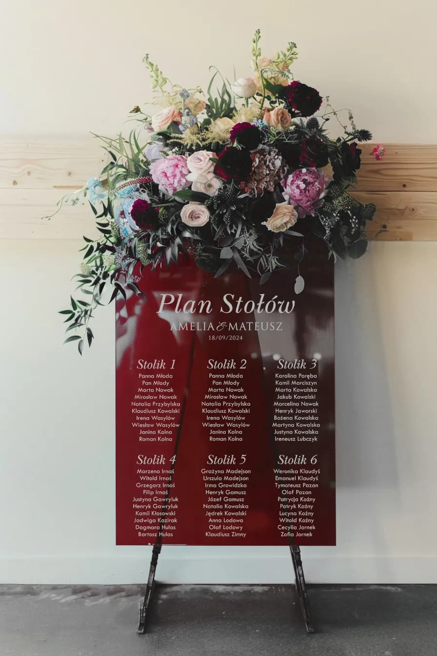 Nowoczesny Plan Stołów na Pleksi, Personalizowana Tablica z Rozmieszczeniem Gości | Plan Stołów Weselnych | Kraft nr 6