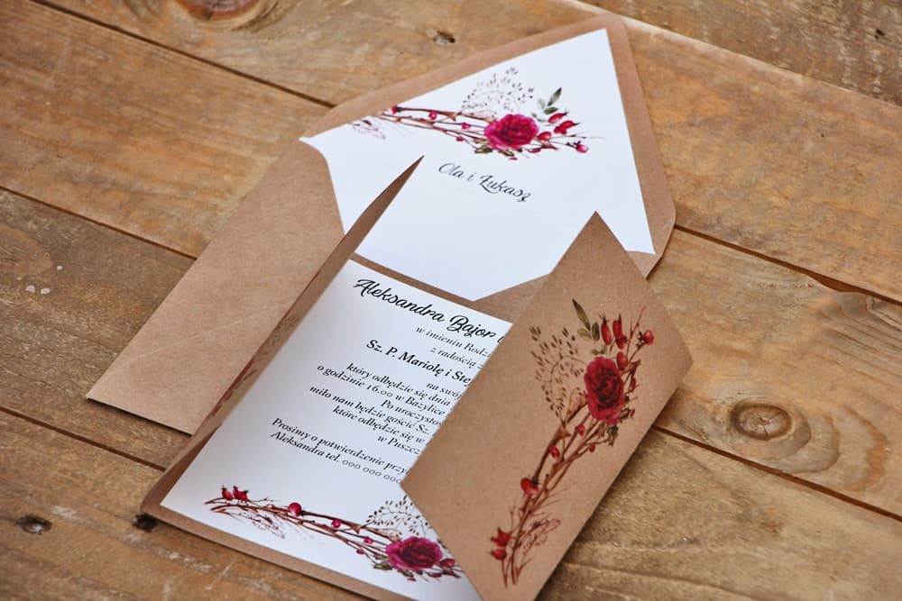 Zaproszenia ślubne z dziką różą i lnem – Owoce Leśne nr 7