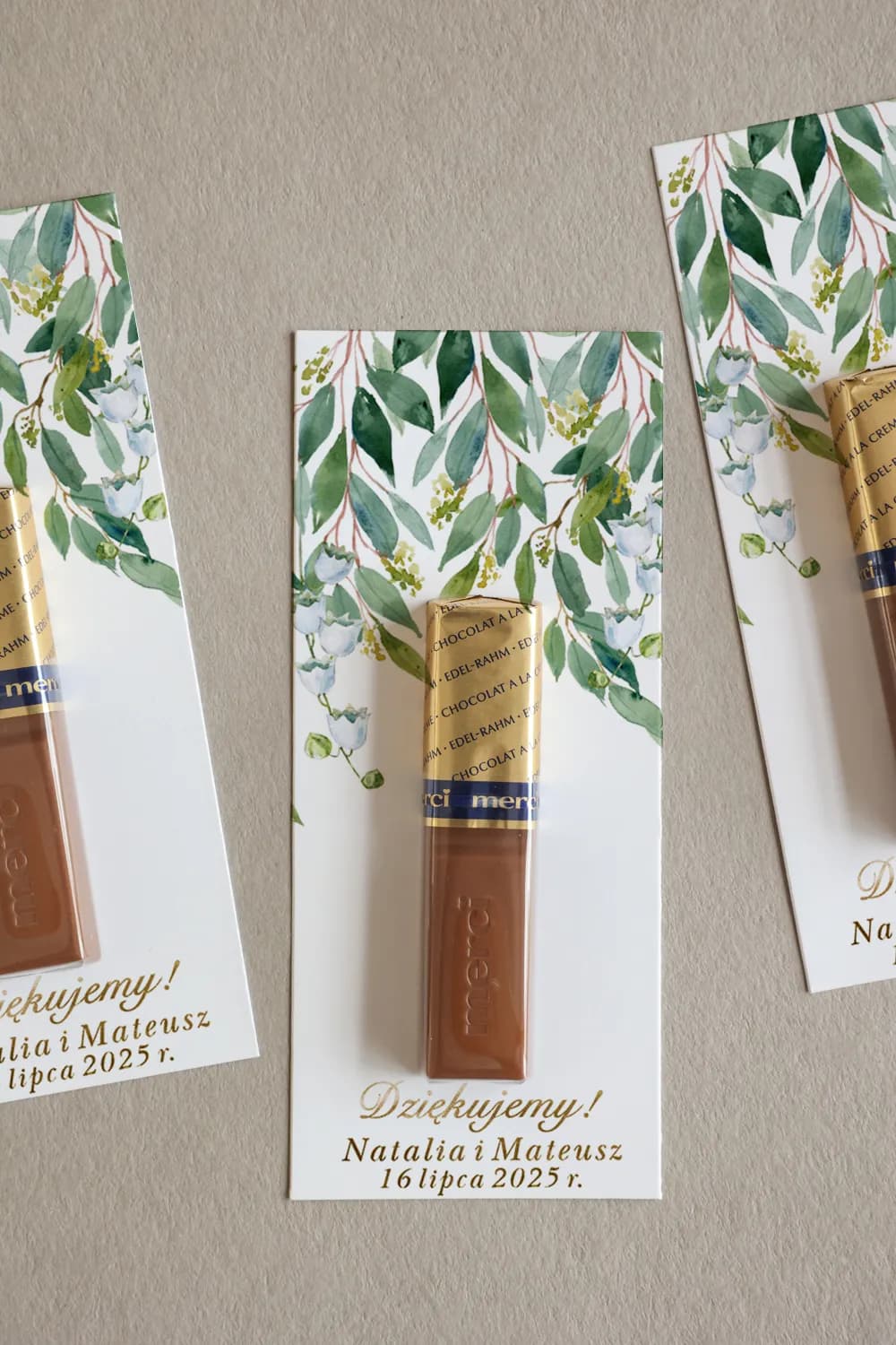 Podziękowania dla gości Merci złocone z niebieskimi kwiatami | Rubin nr 4