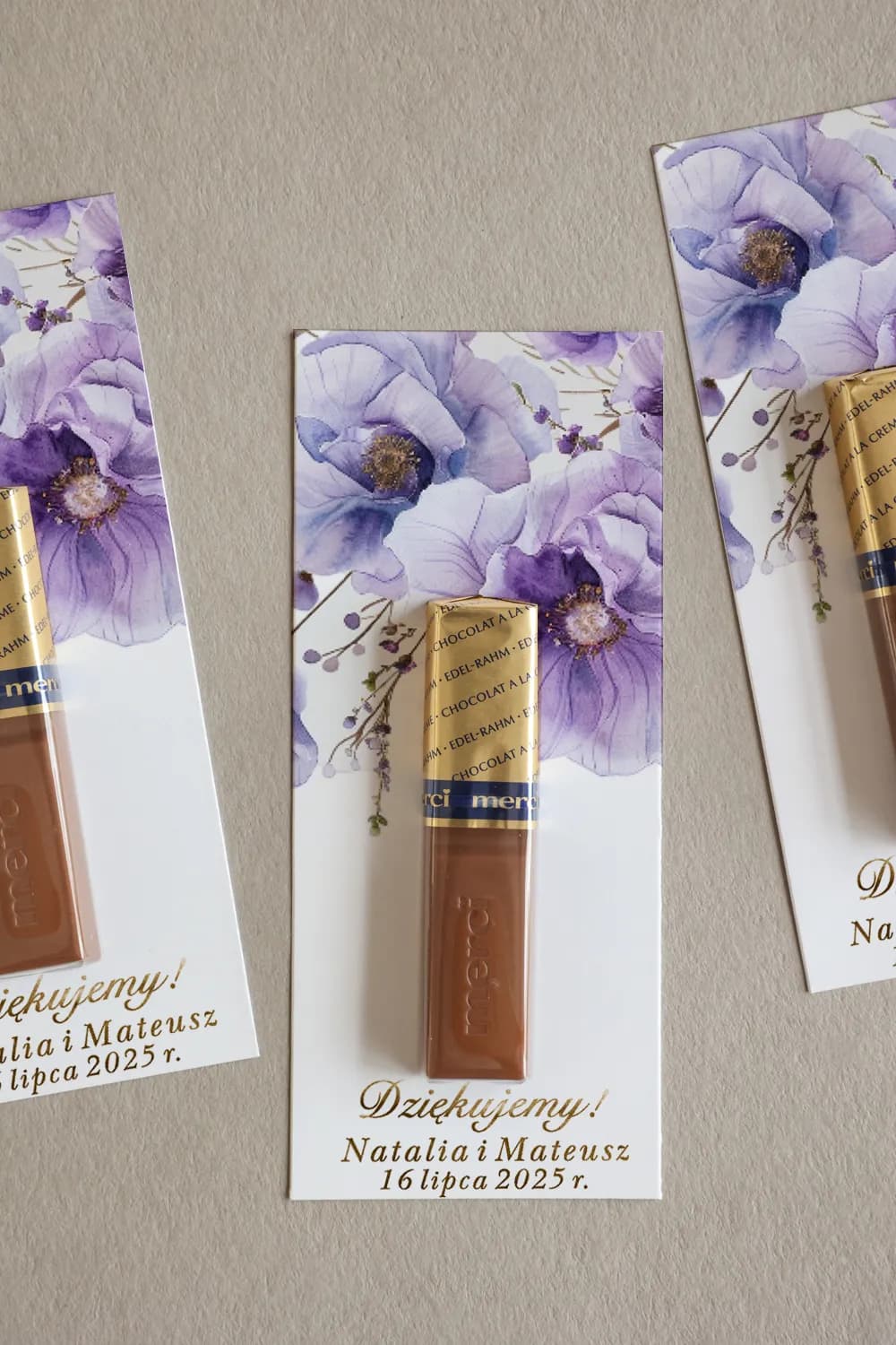 Podziękowania dla gości Merci fioletowe kwiaty i złocenie | Rubin nr 15