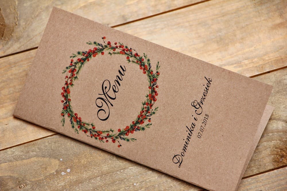 Menu Weselne Rustykalne z Motywem Leśnym Jarzębina i Świerk | Ekologiczne Karty Menu na Stół | Owoce Leśne nr 8