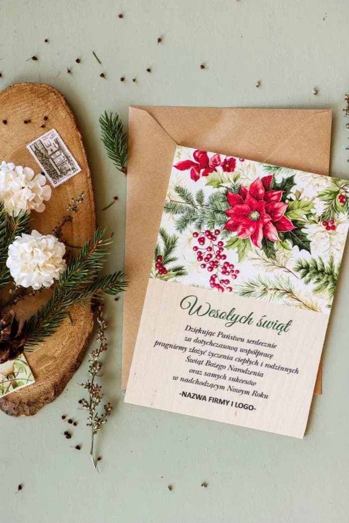 Eleganckie Drewniane Kartki Świąteczne z Kwiatami | Biznesowe Kartki z Logo Firmy, Personalizowane | DR34
