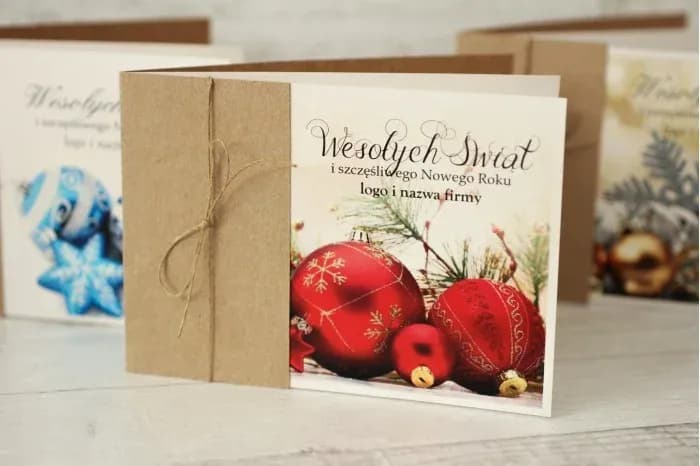 Eleganckie kartki z logo firmy, czerwone bombki | Biznesowe kartki świąteczne dla firm | DF1