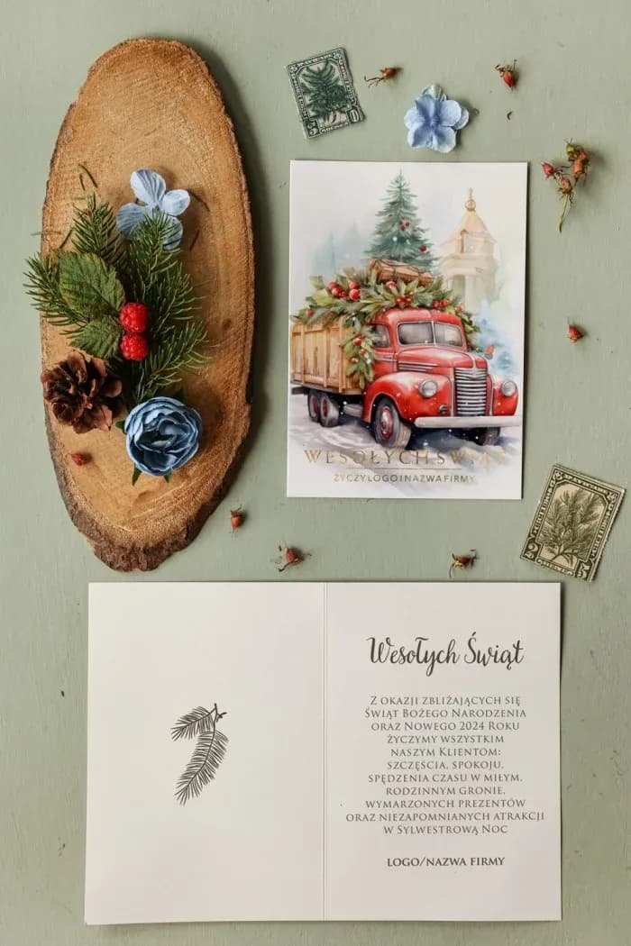 Kartki Świąteczne dla Firm z Ciężarówką, Złocone | Biznesowe Kartki dla Logistyki i Transportu | Kolekcja MZ11