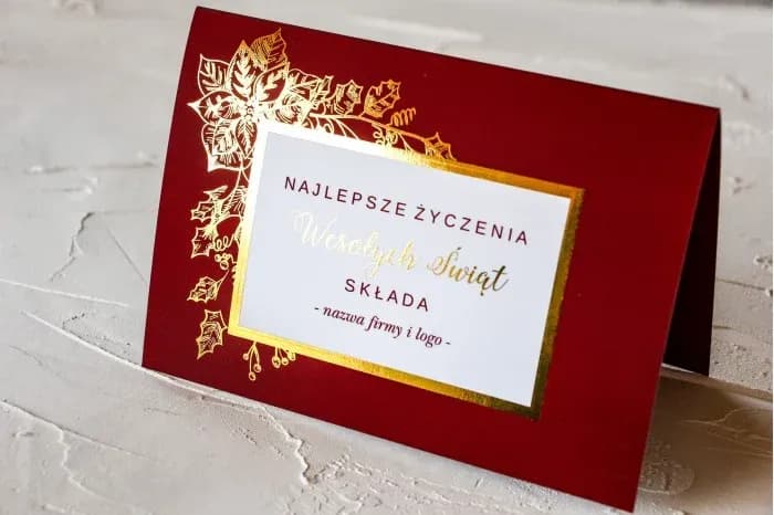 Eleganckie Czerwone Kartki Świąteczne Złocone z Logo Firmy | Firmowe Kartki Bożonarodzeniowe | ZT1