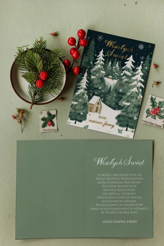 Eleganckie kartki świąteczne ze złoconym lasem | Biznesowe kartki bożonarodzeniowe dla firm z logo | MZ7